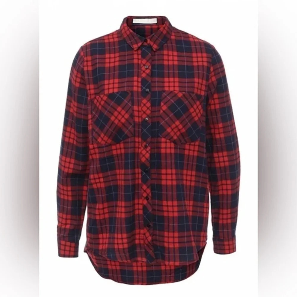 Coconut Woman L Plaid Button Down Shirt Red Navy Blue Checked